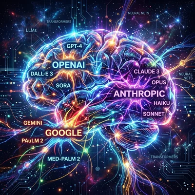 Карта рынка ИИ с нейросетью-мозгом и моделями OpenAI, Anthropic и Google