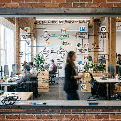 Diagrama de automatización de onboarding de proyecto en una pizarra de cristal en una oficina