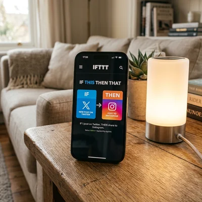 スマートランプの横にあるIFTTTアプリを搭載したスマートフォン