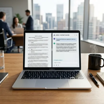 Laptop com documento aberto e bate-papo com IA