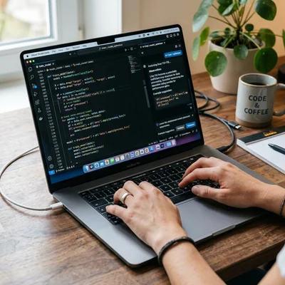 Laptop mit geöffnetem Cursor-Code-Editor und KI-Chat
