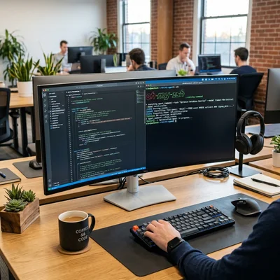 Monitor con código y terminal de agente de IA