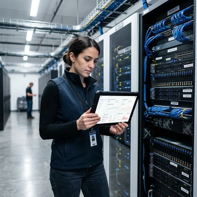 Server rack and tablet with API dashboard