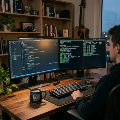Zwei Monitore mit Code-Editor und KI-Terminal