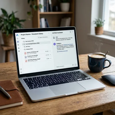 Laptop mit Wissensdatenbank und KI-Chat