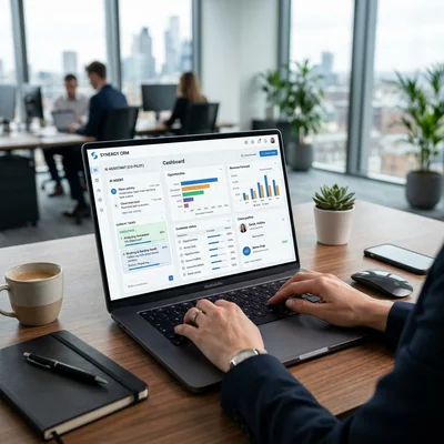 带有 CRM 仪表板和 AI 代理的笔记本电脑