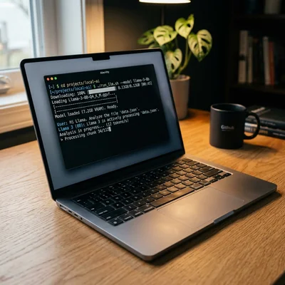 Laptop mit laufendem lokalem Modell im Terminal