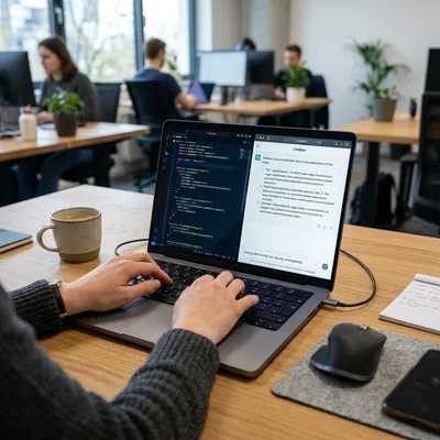 Laptop mit Code-Editor und KI-Assistent