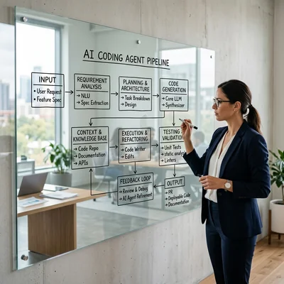 Quadro de vidro com diagrama de pipeline do agente de IA