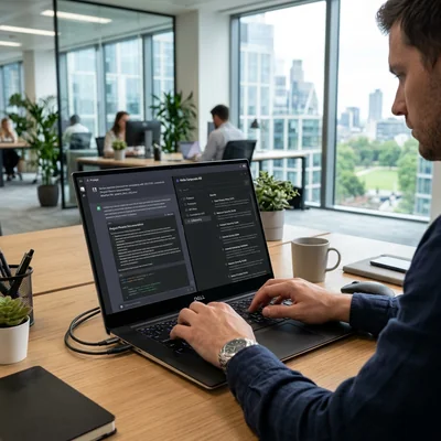 Laptop mit Wissensdatenbank-Schnittstelle und KI-Chat