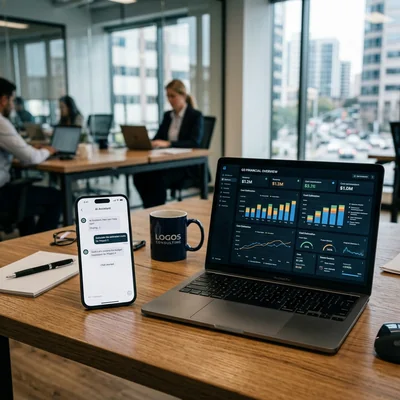 KI-Chatbot-Oberfläche und Kosten-Dashboards auf einem Laptop
