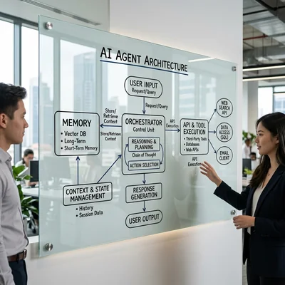 ガラスボード上のAIエージェントの企業アーキテクチャ図