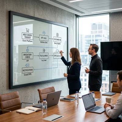 Diagrama de arquitectura corporativa de un proceso de automatización empresarial en una pizarra de vidrio