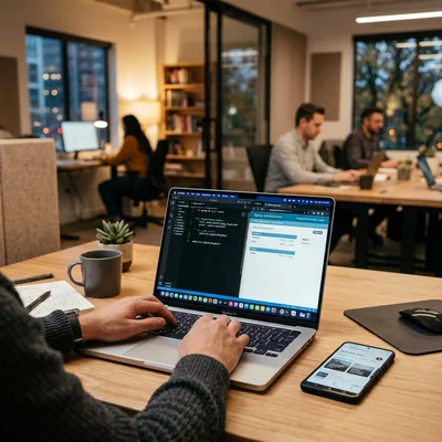 ノートパソコンの画面上のPythonとWebアプリケーション管理パネルを含むコードエディター