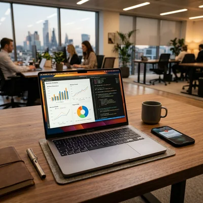 Business analytics dashboard and Python script on a laptop screen