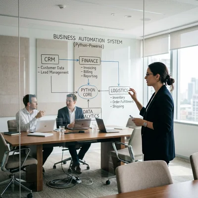 Business process automation flowchart on a glass board