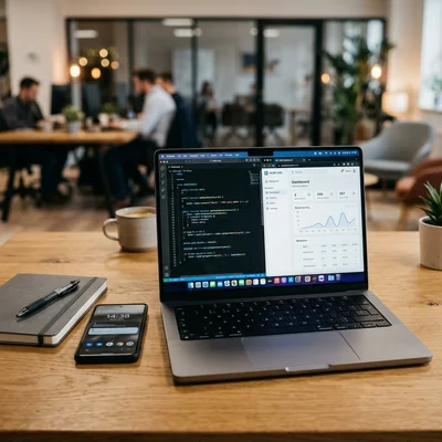 Editor de código PHP y panel de administración de CMS en la pantalla de una computadora portátil