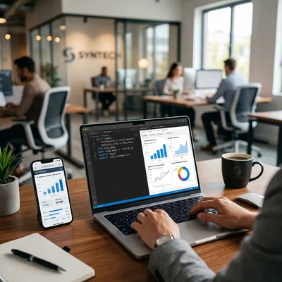Consulta SQL y panel de BI en la pantalla de la computadora portátil de un ejecutivo