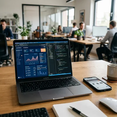 Panel interactivo y código JavaScript en la pantalla de una computadora portátil