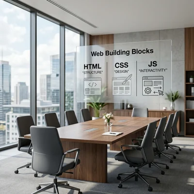 Schéma des rôles HTML, CSS et JS sur un tableau de présentation en verre