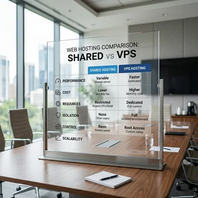 Tableau de comparaison des fonctionnalités Shared et VPS sur un tableau en verre