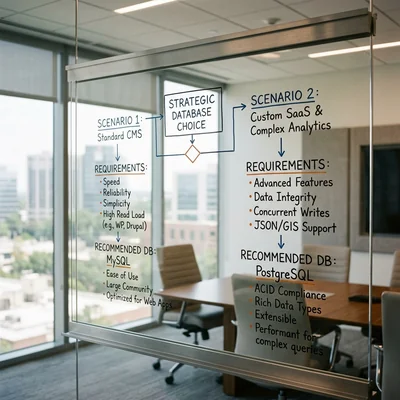 Organigramme pour choisir entre MySQL et PostgreSQL sur un tableau transparent