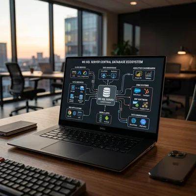 Arquitectura de base de datos MS SQL en ecosistema corporativo en la pantalla de una computadora portátil