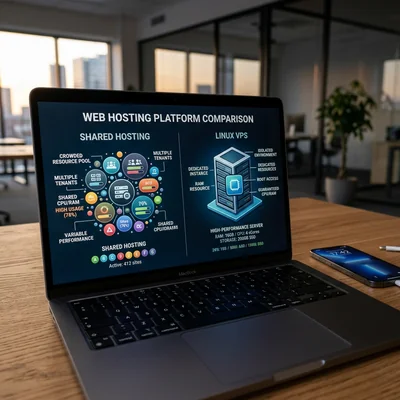 Comparación de alojamiento Shared y Linux VPS en la pantalla de una computadora portátil
