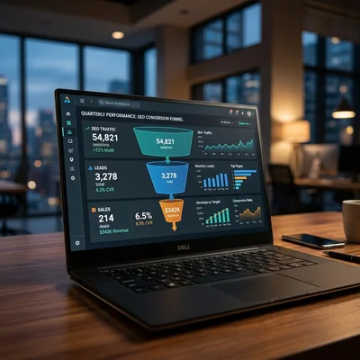 Embudo de conversión de SEO en la pantalla de una computadora portátil
