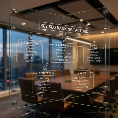 Facteurs clés de classement SEO sur un tableau transparent