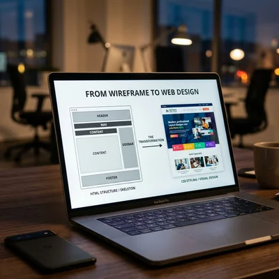 Diagram of HTML to CSS transformation on a laptop screen