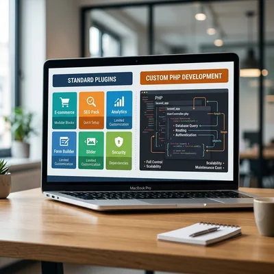 Comparaison des plugins et du développement PHP personnalisé sur un écran d'ordinateur portable