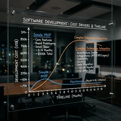 Diagramm der Kostenfaktoren von MVP bis Enterprise auf einem transparenten Board