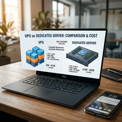 Comparação de VPS e servidor dedicado na tela de um laptop