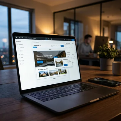 No-Code-Website-Builder-Oberfläche auf einem Laptop-Bildschirm