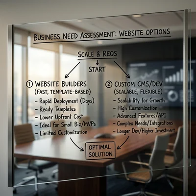 Flussdiagramm zur Auswahl zwischen einem Website-Builder und einem CMS auf einem transparenten Board