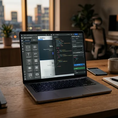 Interface du créateur de site Web passant de blocs visuels à du code sur un écran d'ordinateur portable