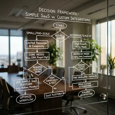 Organigramme pour choisir entre une plateforme SaaS et un développeur sur un tableau transparent
