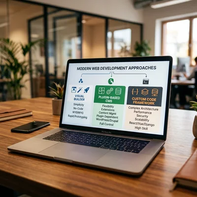 Comparação de construtor, CMS e desenvolvimento personalizado na tela de um laptop