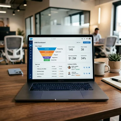 Interfaz del sistema CRM con embudo de ventas en la pantalla de una computadora portátil