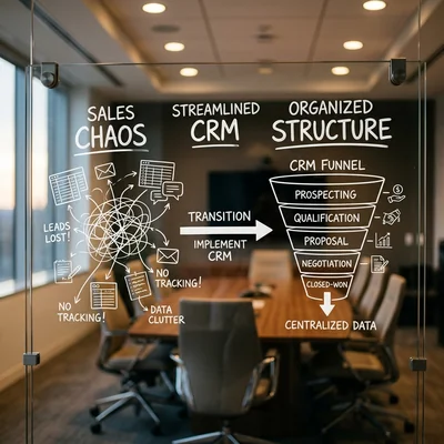 Diagrama de transición del caos de hojas de cálculo al orden del CRM en una pizarra transparente
