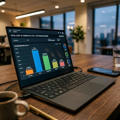 Инфографика полной стоимости владения CRM (TCO) на экране ноутбука