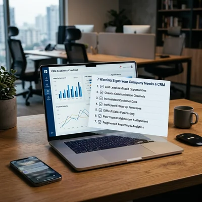 Tableau de bord avec 7 signes de la nécessité d'implanter un CRM sur un écran d'ordinateur portable