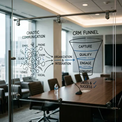 Schéma de fusion de canaux de communication déconnectés en un seul CRM sur un tableau transparent