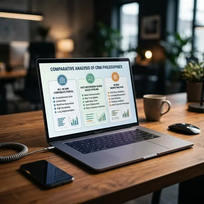 Comparação das filosofias do Bitrix24, amoCRM e HubSpot na tela de um laptop