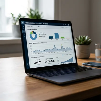E-Commerce-CRM-Dashboard mit Segmenten und LTV auf einem Laptop-Bildschirm