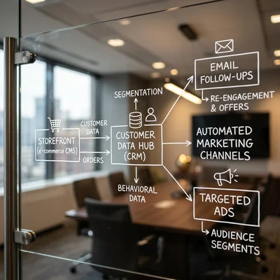 Flussdiagramm der Integration einer Online-Storefront mit CRM und Marketing auf einem transparenten Board