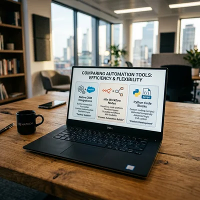 Сравнение инструментов автоматизации CRM: штатные, n8n и Python на экране ноутбука