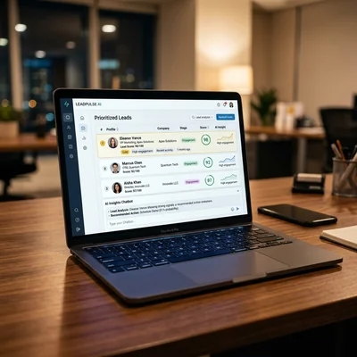 Tableau de bord CRM avec notation des prospects par IA et activité de chatbot sur un écran d'ordinateur portable