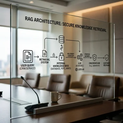 Schéma de l'architecture RAG basée sur une base de connaissances pour le CRM sur un tableau transparent